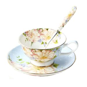 gift set vintage fine bone china tea cup spoon and saucer set gold trim fine dining and table décor (blue rose)