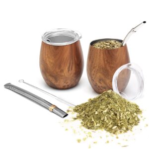 balibetov modern mate cup and bombilla set (yerba mate cup) -yerba mate set includes double walled 18/8 stainless steel mate tea cup, two bombilla mate (straw) and a cleaning brush (wood)