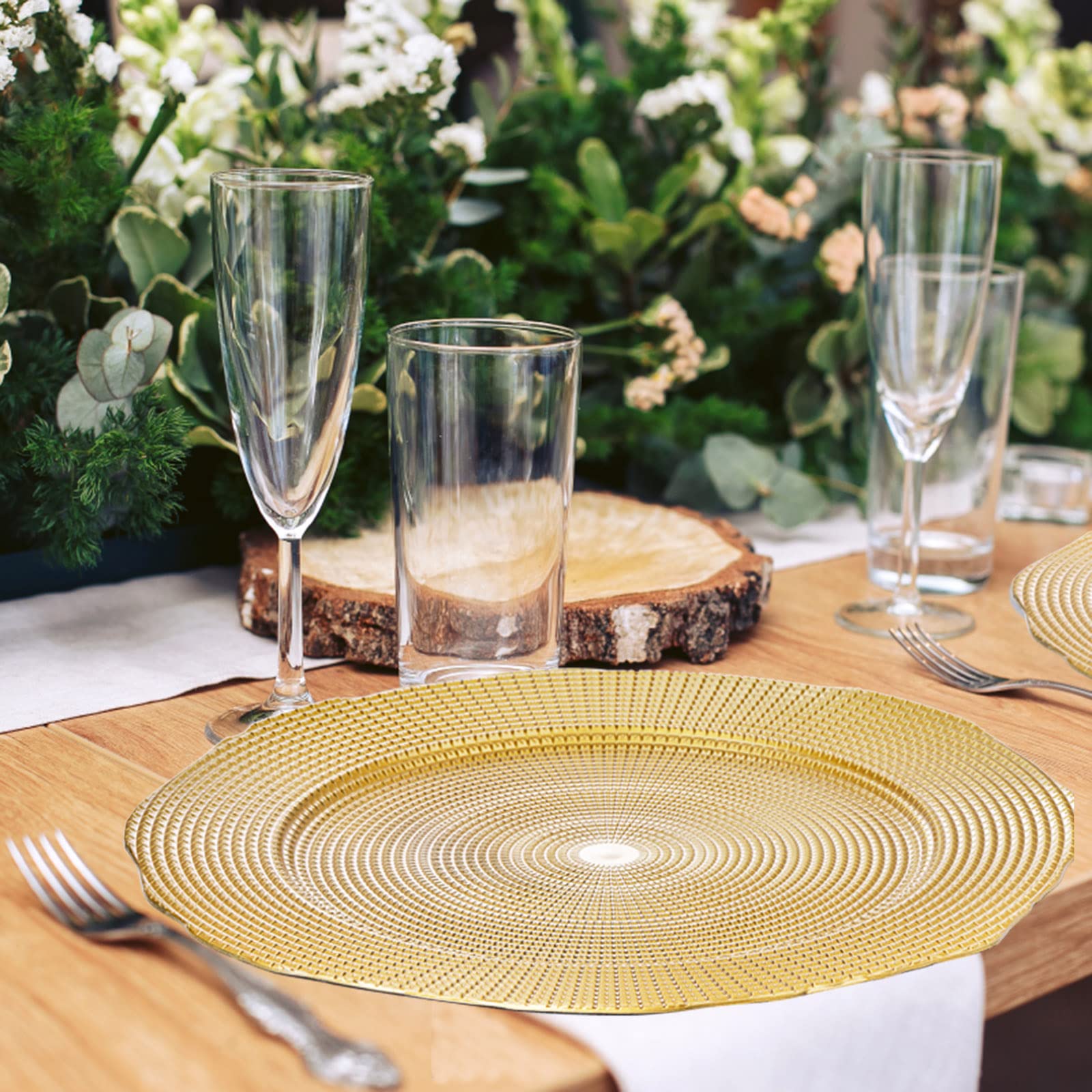 TOPZEA 12 Pack Gold Charger Plates, 13 Inch Plastic Dinner Under Plates Elegant Charger Service Ware Base Plate Bulk Reusable Decorative Round Placemat for Wedding, Banquet Table Setting Decor