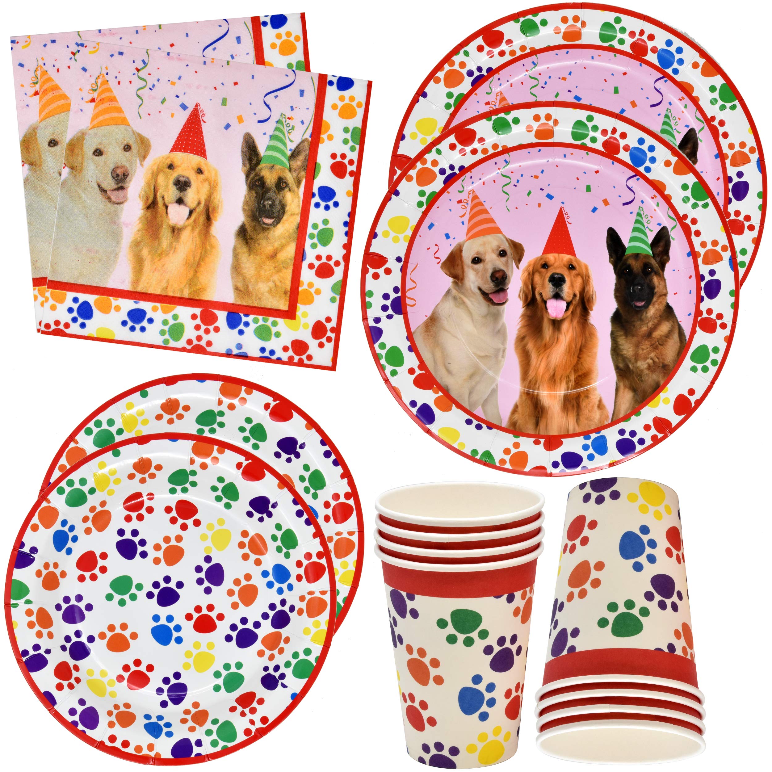 Dog Party Supplies Set 24 9" Plates 24 7" Plates 24 9 Oz Cups 50 Luncheon Napkins Puppy Birthday Decorations Paper Paw Dog Girl Kids Themed Disposable Tableware Party Favor Good Set by Gift Boutique