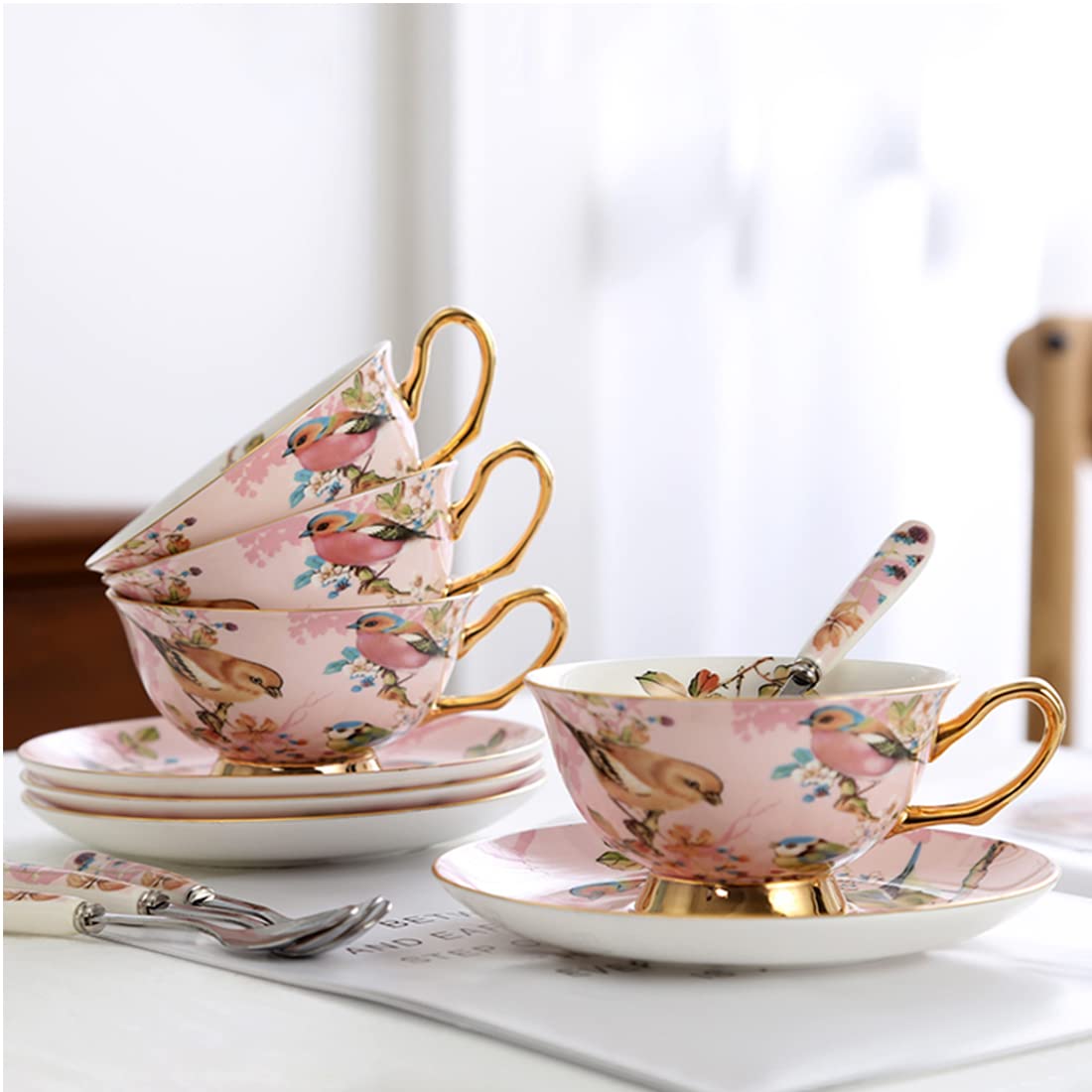 Pfedxoon Pink Bird Tea Cup with Saucer Spoon 3 Piece Set（7oz） Cappuccino Cups, Coffee Cups, Tea Cup Set, British Coffee Cups, Porcelain Tea Set, Latte Cups, Mother's Day Gift