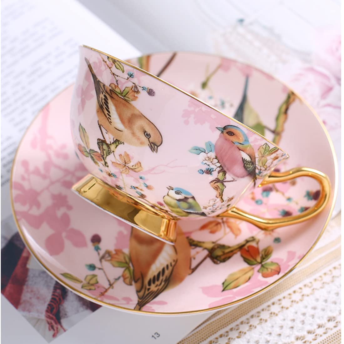 Pfedxoon Pink Bird Tea Cup with Saucer Spoon 3 Piece Set（7oz） Cappuccino Cups, Coffee Cups, Tea Cup Set, British Coffee Cups, Porcelain Tea Set, Latte Cups, Mother's Day Gift