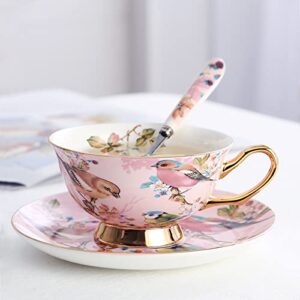 Pfedxoon Pink Bird Tea Cup with Saucer Spoon 3 Piece Set（7oz） Cappuccino Cups, Coffee Cups, Tea Cup Set, British Coffee Cups, Porcelain Tea Set, Latte Cups, Mother's Day Gift