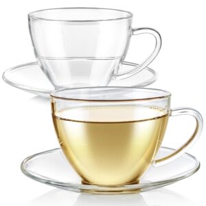 teabloom royal teacup and saucer set 2-pack – standard teacup size – 6 oz/ 180 ml capacity – crystal clear classic design – premium borosilicate glass – durable and heat resistant