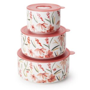 thousandaynight ceramic containers with lids, 3 piece serving bowls set, microwave & dishwasher safe, for soup, salad, rice, cereal, breakfast, dinner, serving, oatmeal (pink)