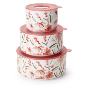 Thousandaynight Ceramic Containers with Lids, 3 Piece Serving Bowls Set, Microwave & Dishwasher Safe, For Soup, Salad, Rice, Cereal, Breakfast, Dinner, Serving, Oatmeal (Pink)