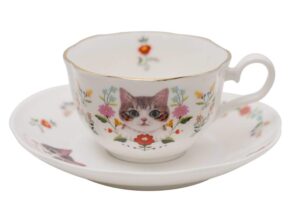 123arts ceramic cat and flower coffee mug teacup set with saucer