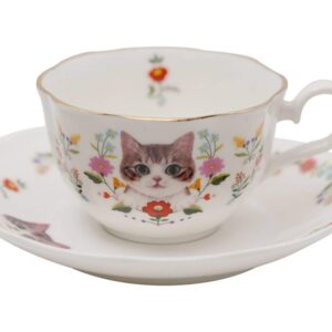 123Arts Ceramic Cat and Flower Coffee Mug Teacup Set with Saucer