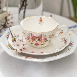 123Arts Ceramic Cat and Flower Coffee Mug Teacup Set with Saucer