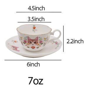 123Arts Ceramic Cat and Flower Coffee Mug Teacup Set with Saucer