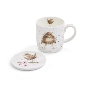 royal worcester wrendale designs flying the nest mug & coaster set | 11 ounce coffee mug with coaster | made from fine bone china | microwave and dishwasher safe