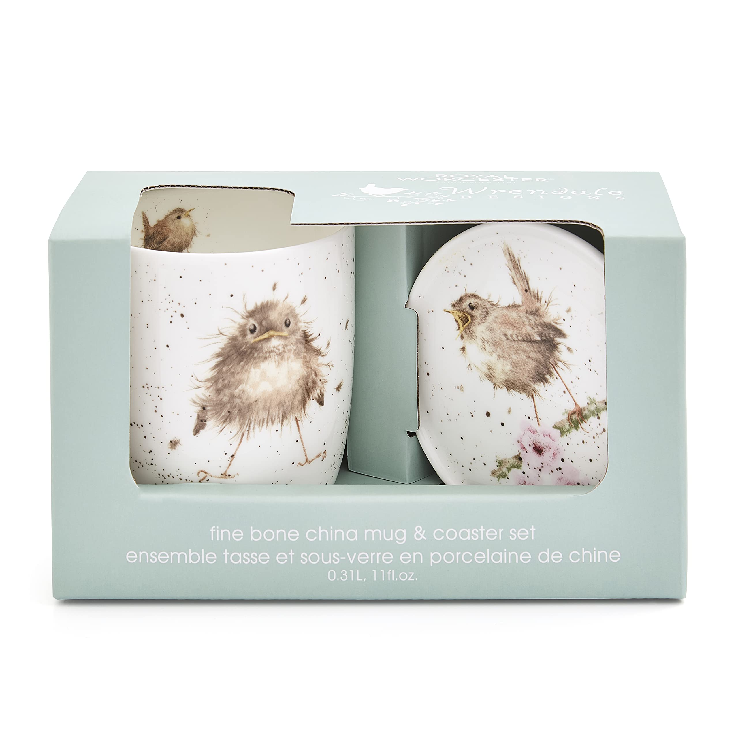 Royal Worcester Wrendale Designs Flying the Nest Mug & Coaster Set | 11 Ounce Coffee Mug with Coaster | Made from Fine Bone China | Microwave and Dishwasher Safe