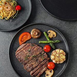 Lareina Dinner Plates, Scratch-resistant, 10.25 Inch Flat Ceramic Plate Set of 4, Porcelain Plates with Lipped Edge for Salad Steak in Kitchen Restaurant, Natural Primitive Texture (Cast Iron Black)