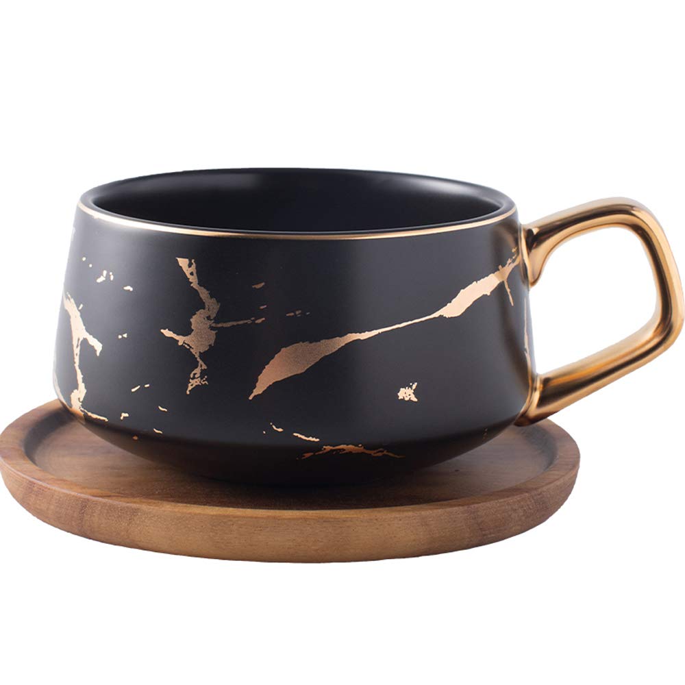 Coffeezone Luxury Golden Marble 10.5 Oz Matte Ceramic Latte Coffee Tea Cups with Wood Saucers (Black, Cup & Saucer)