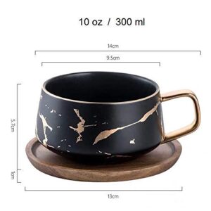 Coffeezone Luxury Golden Marble 10.5 Oz Matte Ceramic Latte Coffee Tea Cups with Wood Saucers (Black, Cup & Saucer)