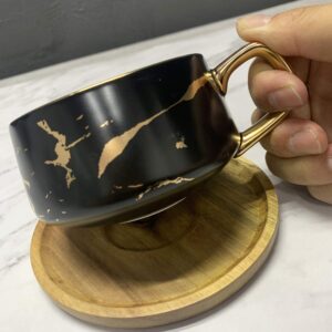 Coffeezone Luxury Golden Marble 10.5 Oz Matte Ceramic Latte Coffee Tea Cups with Wood Saucers (Black, Cup & Saucer)