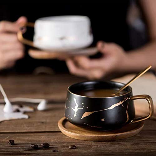 Coffeezone Luxury Golden Marble 10.5 Oz Matte Ceramic Latte Coffee Tea Cups with Wood Saucers (Black, Cup & Saucer)