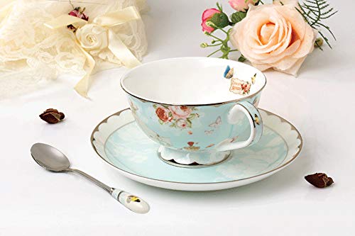 Fine Bone China Tea Cups and Saucers, Pastel Blue Floral Design Coffee Mug Tea Cups Set with Gift Box for Women Mom, 7 Ounces