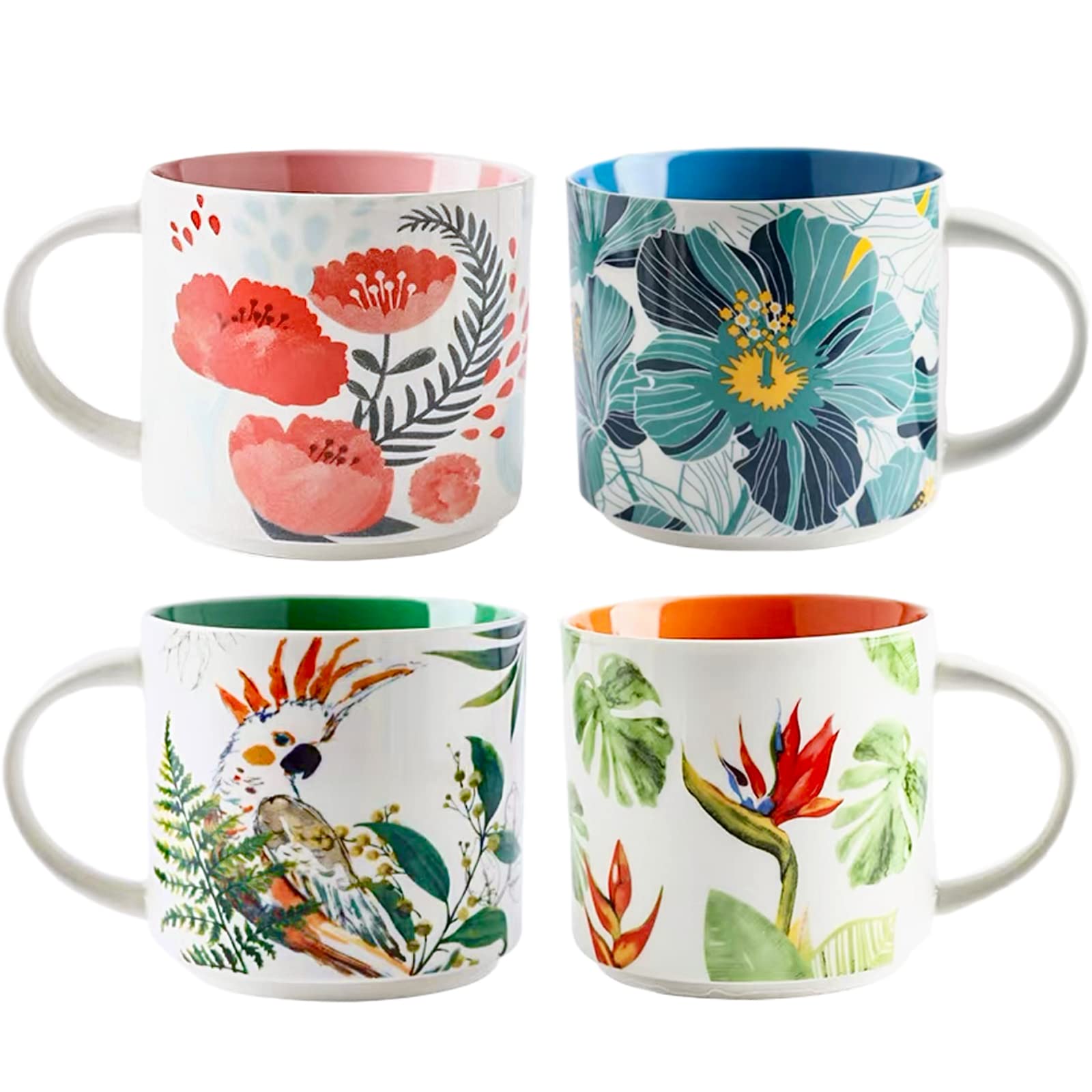 Coffee Tea Mugs Set of 4, 15oz, Colorful Cute Mugs for Women, Ceramic Porcelain Stackable Cups for Latte Hot Cocoa, Gifts for Mom, Christmas, Holiday, Birthday, Housewarming, Thanksgiving