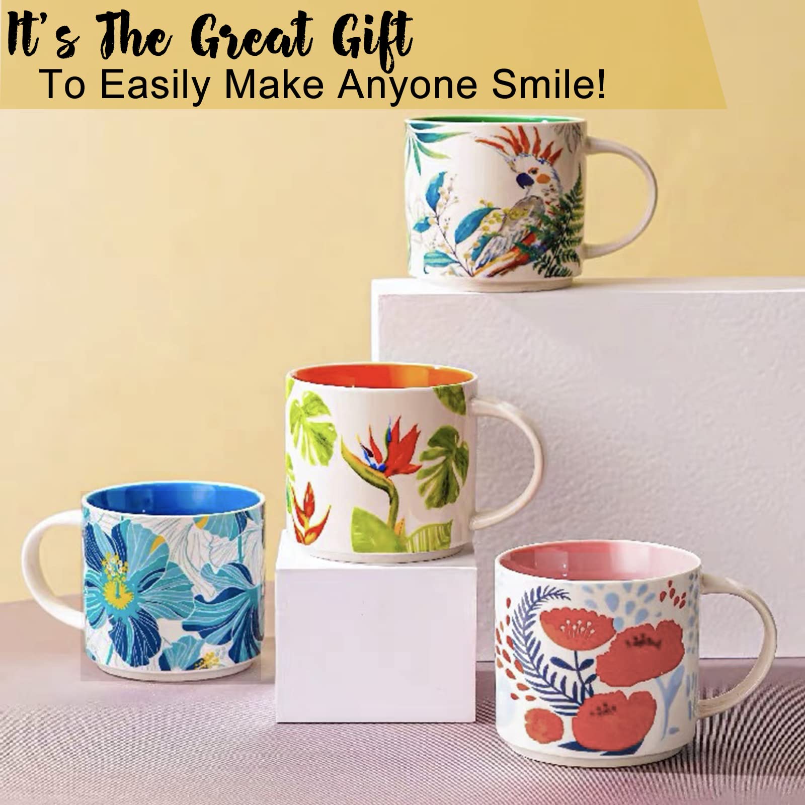 Coffee Tea Mugs Set of 4, 15oz, Colorful Cute Mugs for Women, Ceramic Porcelain Stackable Cups for Latte Hot Cocoa, Gifts for Mom, Christmas, Holiday, Birthday, Housewarming, Thanksgiving