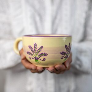 city to cottage handmade ceramic designer lavender floral purple and cream cup, unique extra large 17.5oz/500ml pottery cappuccino, coffee, tea, soup mug | housewarming gift for tea lovers