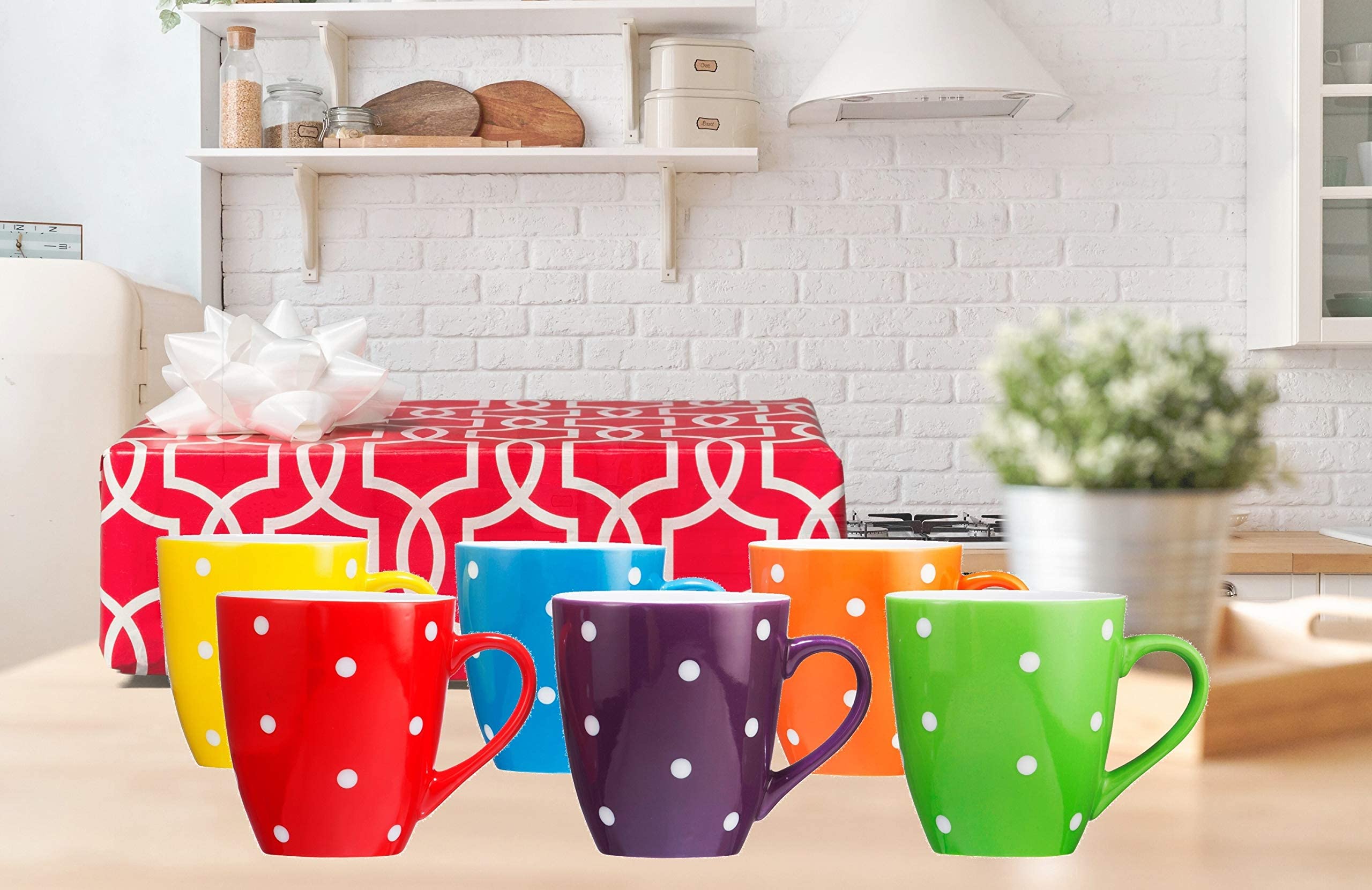 Bruntmor 16 Oz Polka Dot Coffee Mug Set of 6, Large 16 Ounce Ceramic Mugcup Set In Multi Color Dot Design, Best Coffee Mug For Your Christmas Or Birthday Gift