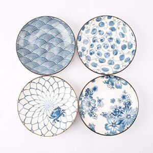 yalong ceramic japanese dinner plates set 7 inch appetizer shallow plates serving lunches, cheese salad, dessert set of 4 assorted motifs microwave & dishwasher safe