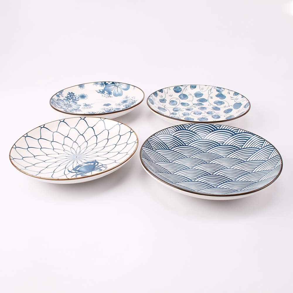 YALONG Ceramic Japanese Dinner Plates Set 7 Inch Appetizer Shallow Plates Serving Lunches, Cheese Salad, Dessert Set of 4 Assorted Motifs Microwave & Dishwasher Safe