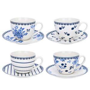 stp goods bone china kitchen teacups 8.8 fl oz (260 ml) floral tea cups vintage indigo tea cup and saucer set of 4 pretty tea cup with matching saucer christmas mugs