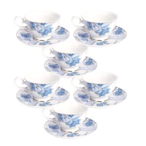 fanquare floral coffee cups set of 6(5 oz), porcelain cappuccino cups with saucers, tea cup for birthday wedding party, blue