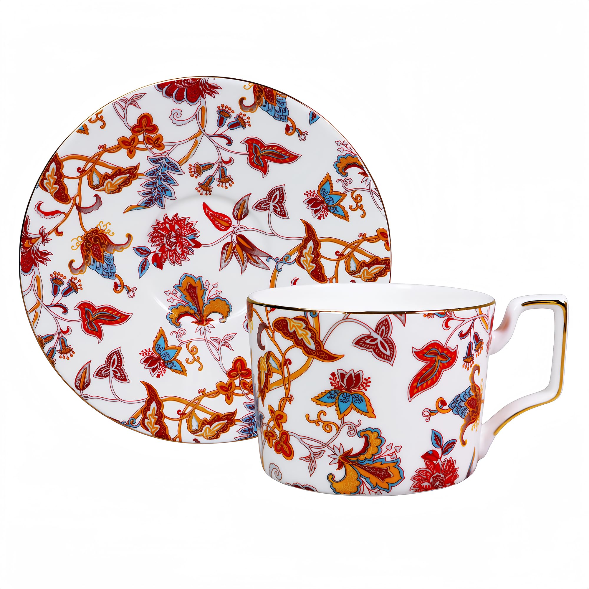 LanHong 8.5 Ounces Tea Cup and Saucer Set Floral Tea Coffee Cup with Saucer Bone China Teacup and Saucer Set Gift for Mom Friend Tea Party (Red)