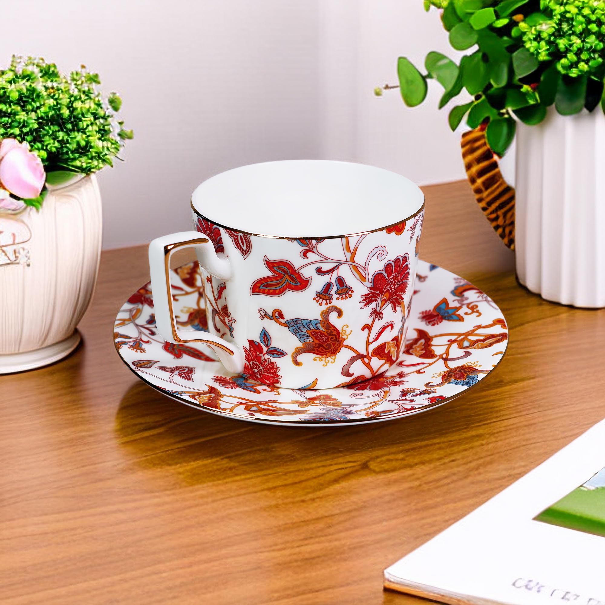 LanHong 8.5 Ounces Tea Cup and Saucer Set Floral Tea Coffee Cup with Saucer Bone China Teacup and Saucer Set Gift for Mom Friend Tea Party (Red)