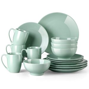 lovecasa dinnerware sets for 4, 16-piece green dishes set, porcelain plates and bowls sets with dinner plates, dessert plates, bowls and mugs, microwave dishwasher safe, light green