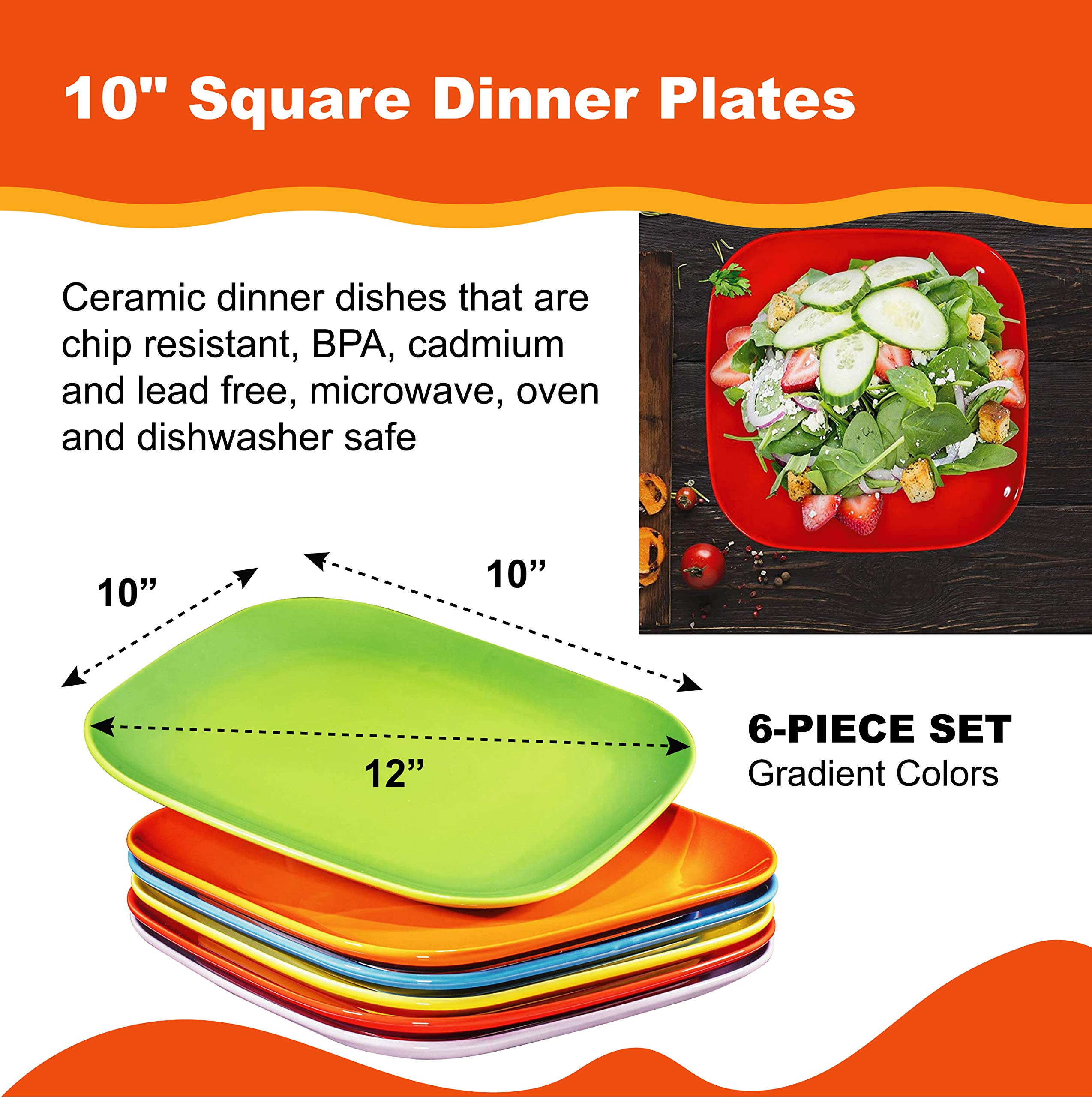 Bruntmor 10" Ceramic Appetizer Plates, Serving Platter, Set of 6, Square Multi-Color Simple Modern Ceramic Salad, Dessert Plates, Christmas Dinner Plates Set, Christmas Dinnerware