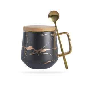 classic ceramic kintsugi style black coffee tea mug with gold inlay, spoon and bamboo lid- 12 oz, large mugs for men and women, unique design, perfect novelty gift- dishwasher safe