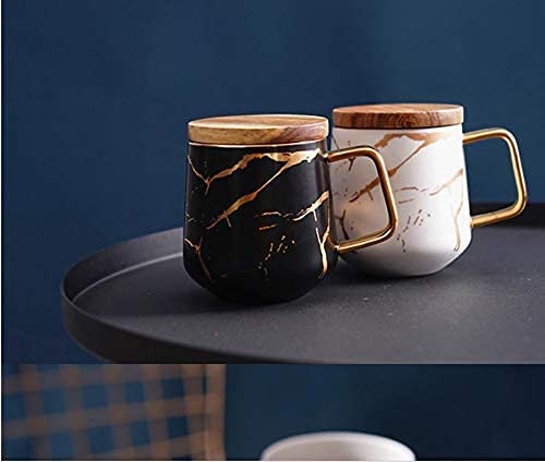 Classic Ceramic Kintsugi Style Black Coffee Tea Mug with Gold Inlay, Spoon and Bamboo Lid- 12 OZ, Large Mugs for Men and Women, Unique Design, Perfect Novelty Gift- Dishwasher Safe