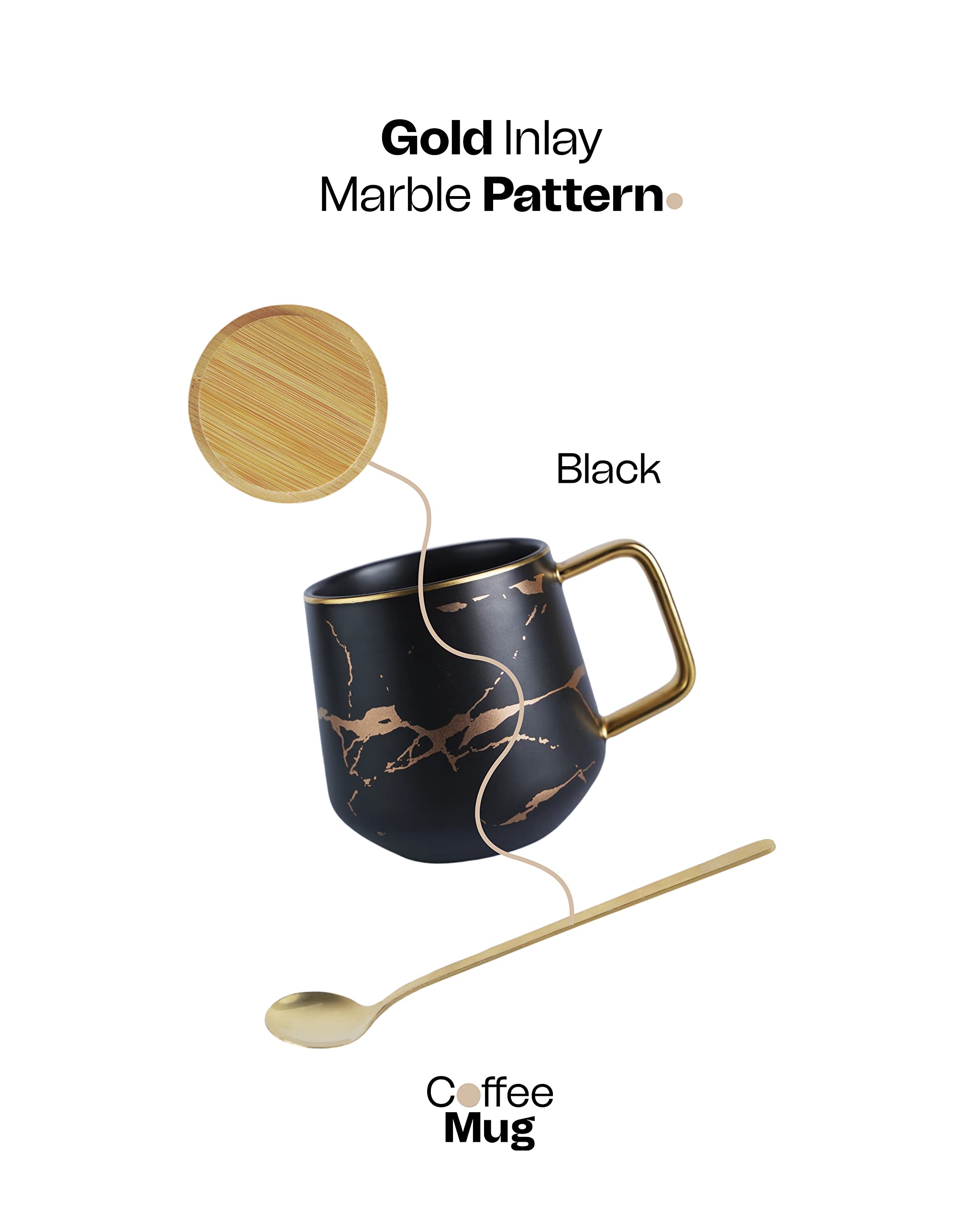 Classic Ceramic Kintsugi Style Black Coffee Tea Mug with Gold Inlay, Spoon and Bamboo Lid- 12 OZ, Large Mugs for Men and Women, Unique Design, Perfect Novelty Gift- Dishwasher Safe