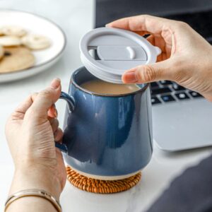 HVH Ceramic Coffee Mug with Lid, 17oz Coffee Mugs Set of 4, Ceramic Coffee Cups Set with Large Handle, Large Ceramic Mug with Lid for Coffee, Tea and More, Farmhouse Style (Blue)