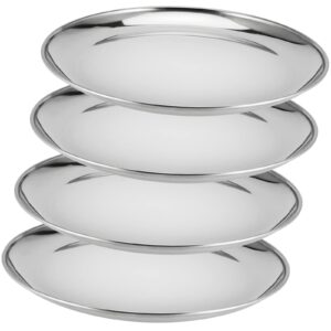 mukchap 4 pcs 10 inch stainless steel plates, round metal dinner plate, stainless steel dinner dishes for parting, outdoor camping, salad, fruit, dishwasher safe, silver