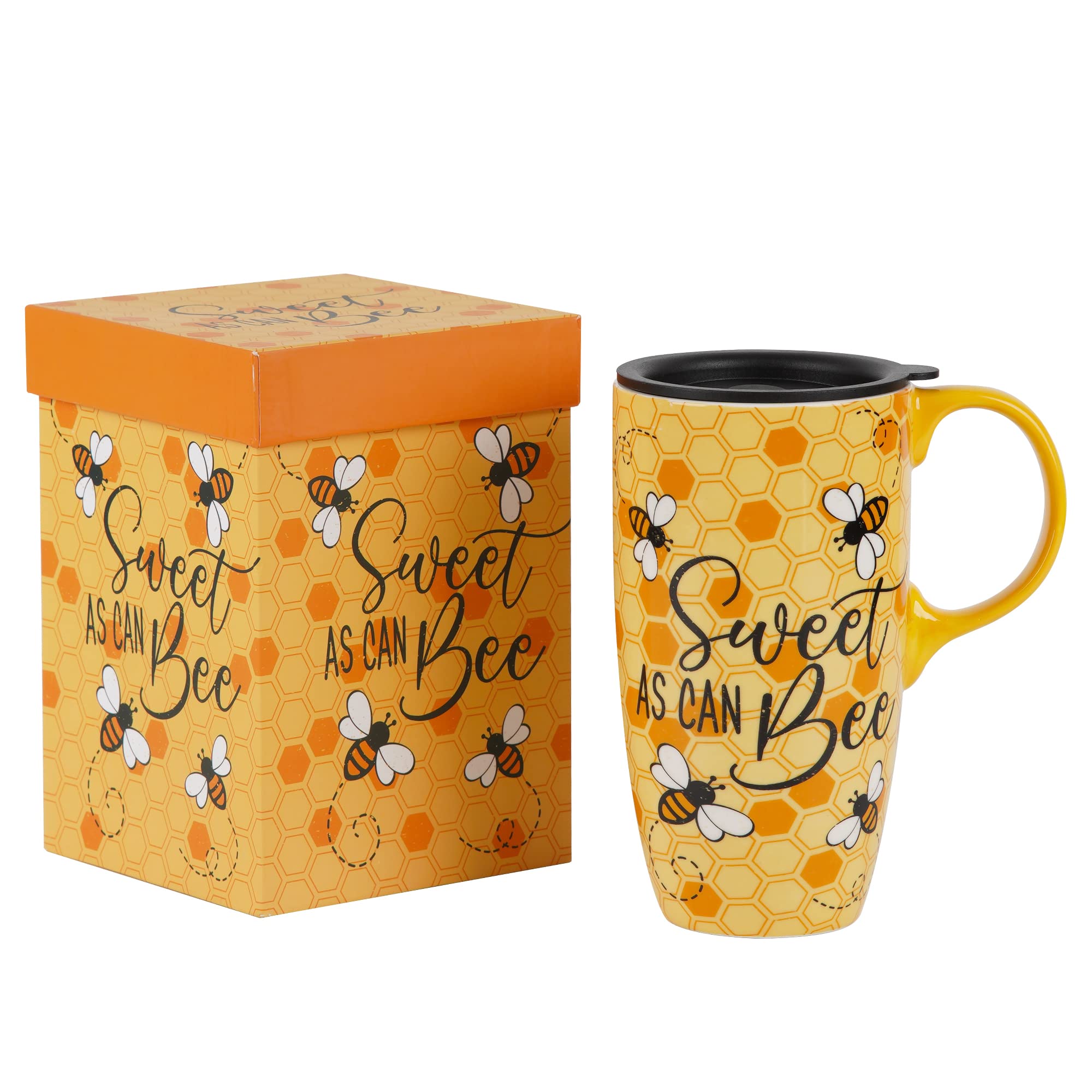 Topadorn Ceramic Coffee Mug Travel Cup Gift with Lid 17oz., Porcelain Tall Tea Cup with Handle for Home & Office, Bee Art Pattern Mug in Gift Box, 6.5''H