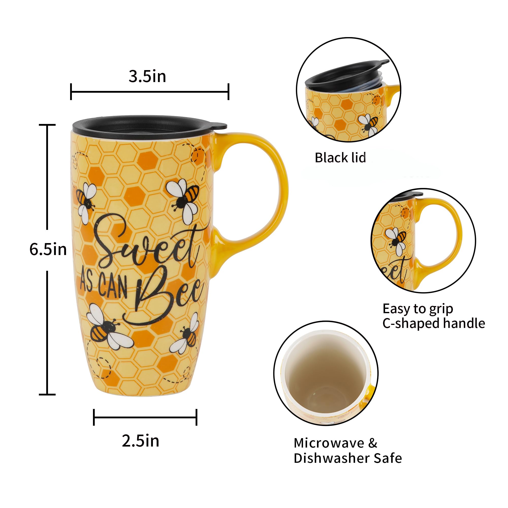 Topadorn Ceramic Coffee Mug Travel Cup Gift with Lid 17oz., Porcelain Tall Tea Cup with Handle for Home & Office, Bee Art Pattern Mug in Gift Box, 6.5''H