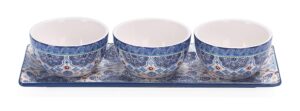 bico blue talavera ceramic dipping bowl set (9oz bowls with 14 inch platter), for sauce, nachos, snacks, microwave & dishwasher safe