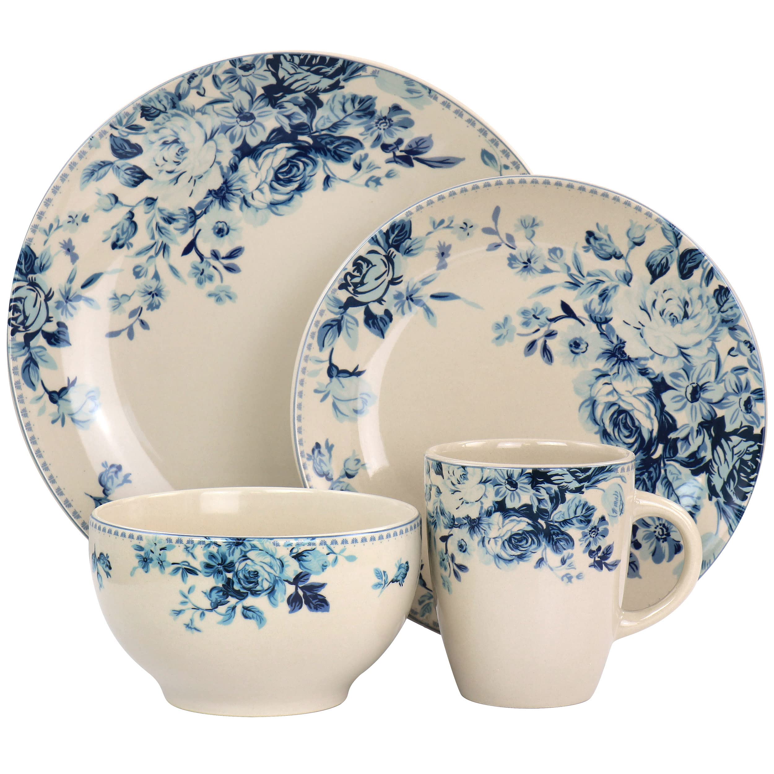 Elama Traditional Dessert Rose 16 Piece Dinnerware Set, Desert with Blue Rose Accents (EL-BLUE-ROSE)