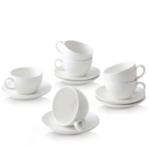 koov latte cup and saucer set of 6, 10 oz porcelain cappuccino cups, latte art cup and saucer, for latte, cafe mocha, coffee shop and barista (white)
