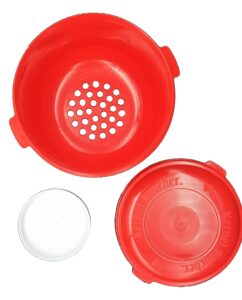 apsi store kernel katcher popcorn bowl set - popcorn bowl strainer sifter shaker kernel catcher and separator, large and reusable with lid, dishwasher safe, recycled plastic with handle (red)
