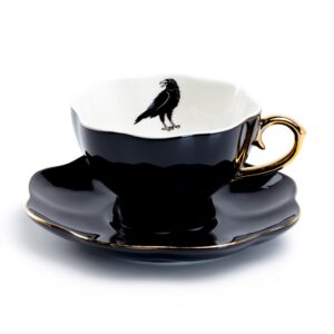 Grace Teaware Raven Black Fine Porcelain Tea Cup and Saucer with Hand Painted Gold Trim Crow,Black White and Gold