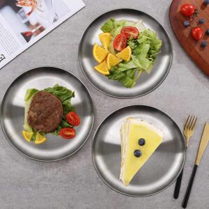 JXHAPY Reusable Brushed Metal Dinner Plates-Stainless Steel Round Plates,Dinner Plate Dish Heavy Duty Kitchenware Round Metal Plates | Dishwasher Safe |Use for BBQ Steak (8 Inch 5 Pack)