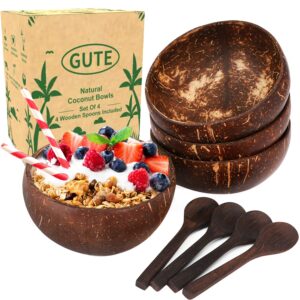gute 2 pack coconut bowls with spoons, wooden salad bowl sets with serving utensils, 100% natural reusable coconut shell bowls for buddha popcorn, serving dishes, breakfast, decoration, party