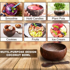 Gute 2 Pack Coconut Bowls with Spoons, Wooden Salad Bowl Sets With Serving Utensils, 100% Natural Reusable Coconut Shell Bowls for Buddha Popcorn, Serving Dishes, Breakfast, Decoration, Party