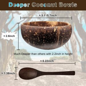 Gute 2 Pack Coconut Bowls with Spoons, Wooden Salad Bowl Sets With Serving Utensils, 100% Natural Reusable Coconut Shell Bowls for Buddha Popcorn, Serving Dishes, Breakfast, Decoration, Party